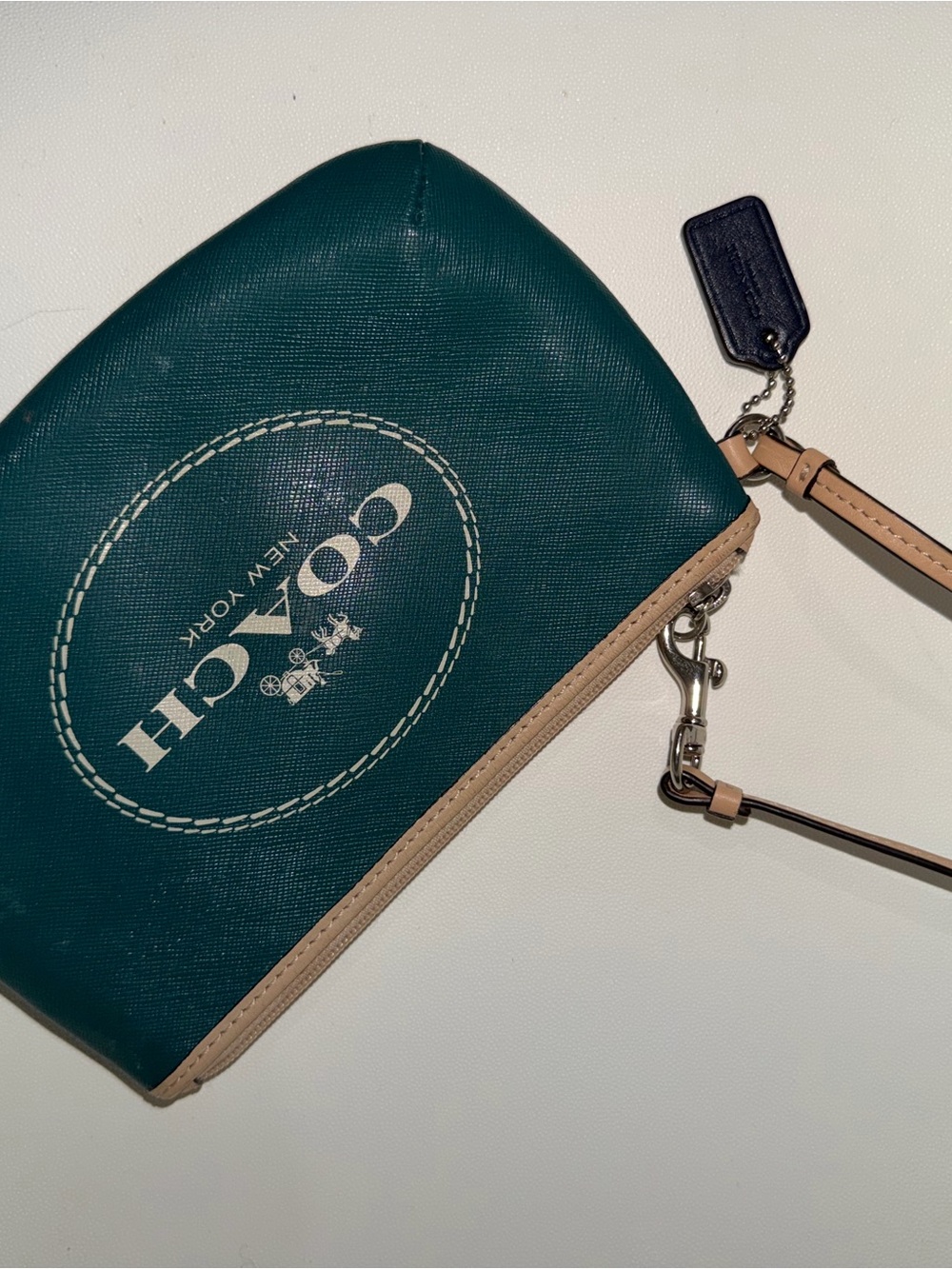 COACH Teal and Beige Wristlet with Logo